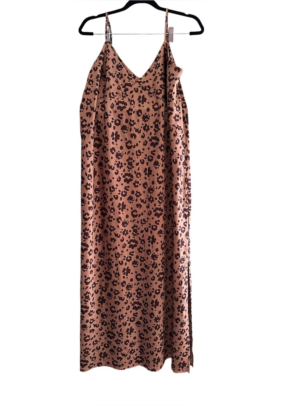 A New Day Leopard Print Slip Dress XL Tan/Black Silky Midi w/ Asymmetrical Slit - Picture 3 of 10